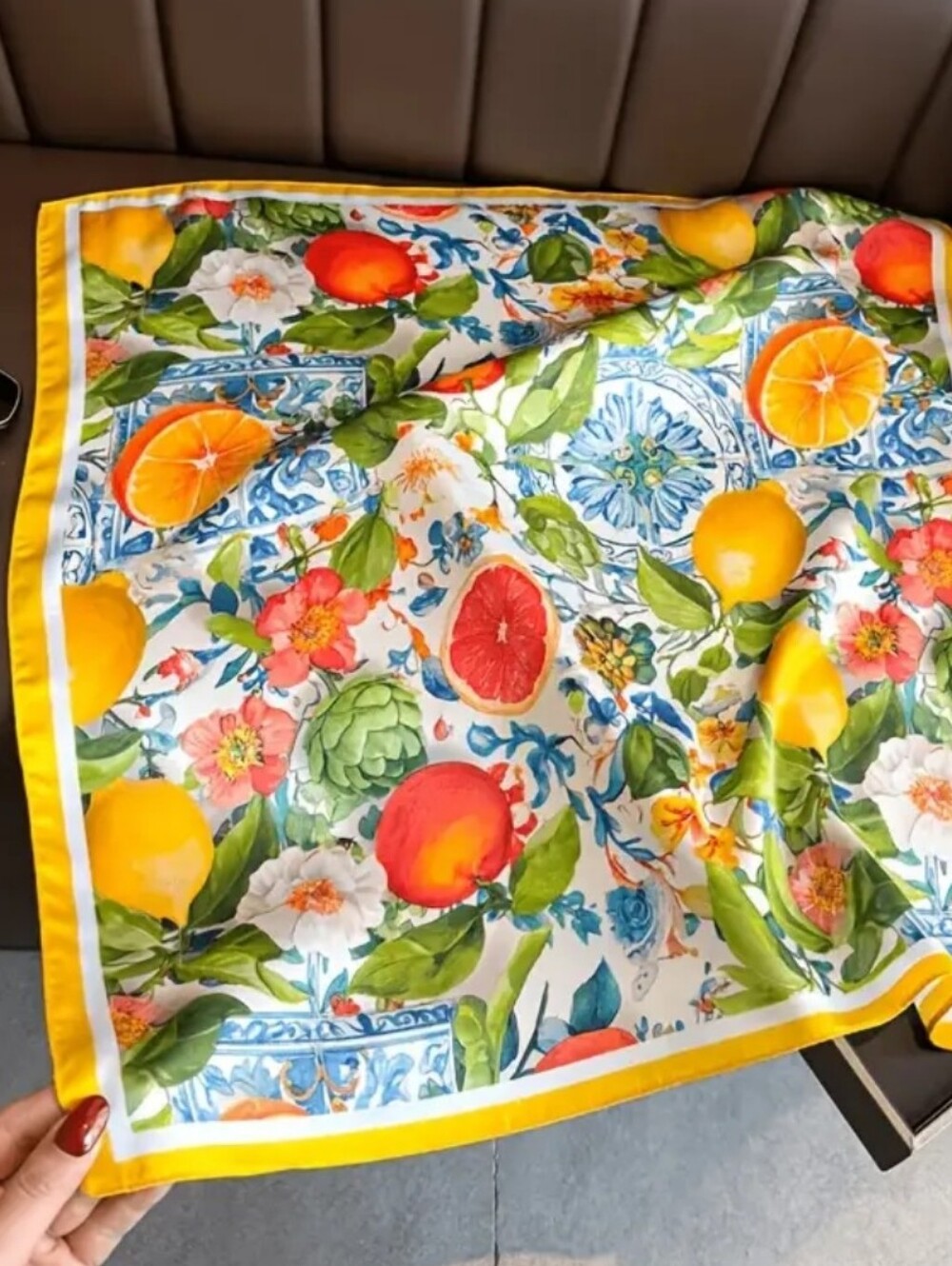 Silk-feel Floral Scarf with Yellow Border - Women  Head Scarf , Neck Scarf